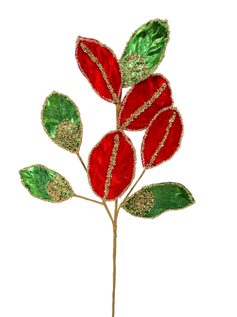 “Designers Excellence 27.5 inch red and green glitter leaves spray Christmas decoration, holiday floral accent for wreaths, garlands, and trees”