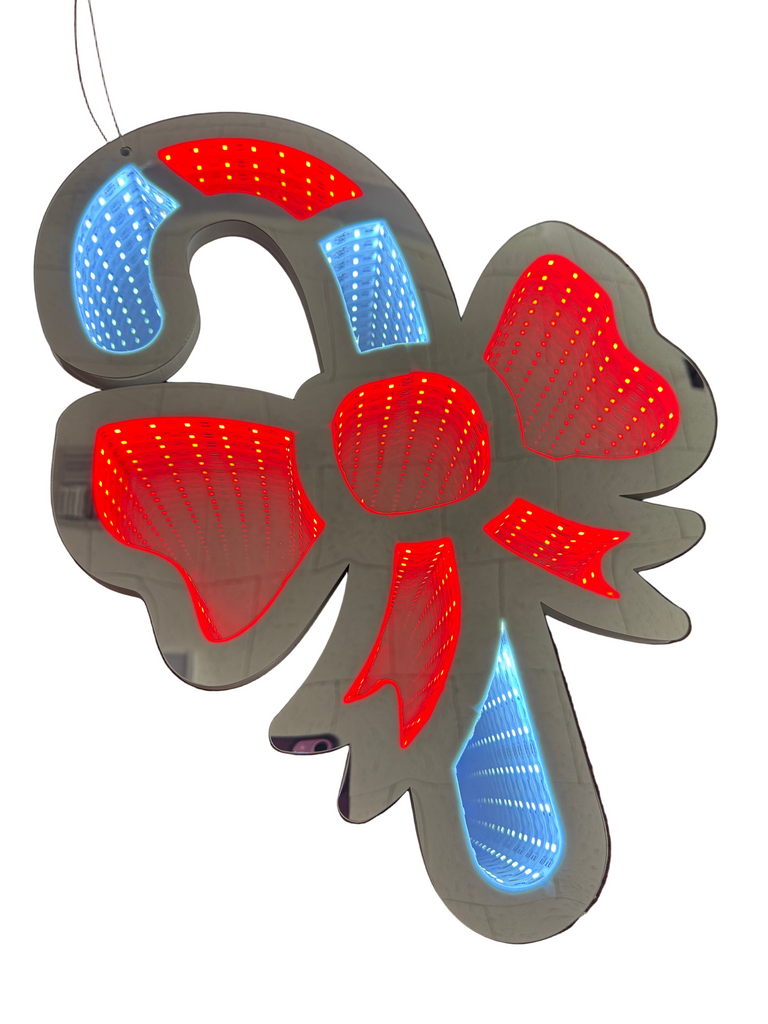 “Designers Excellence 17.75 inch LED infinity candy cane Christmas decoration in red and cool white with glowing bow light effect”