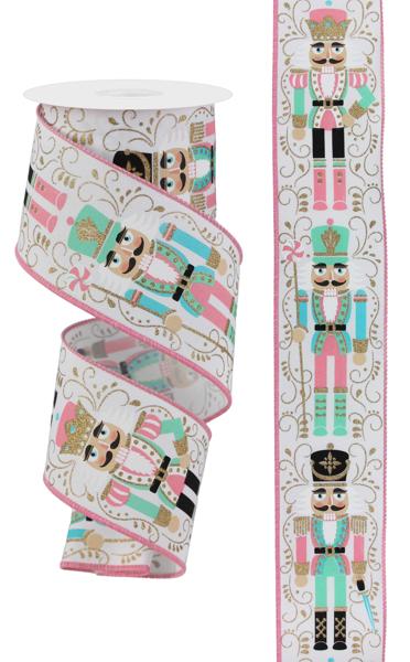 2.5" Nutcracker ribbon with pastel pink, mint, gold, and black design on white, wired, 10 yards | RGA1343WT.