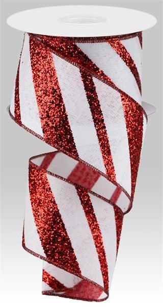 2.5" red glitter diagonal stripe ribbon on white royal fabric, wired, 10 yards | RGA150327.
