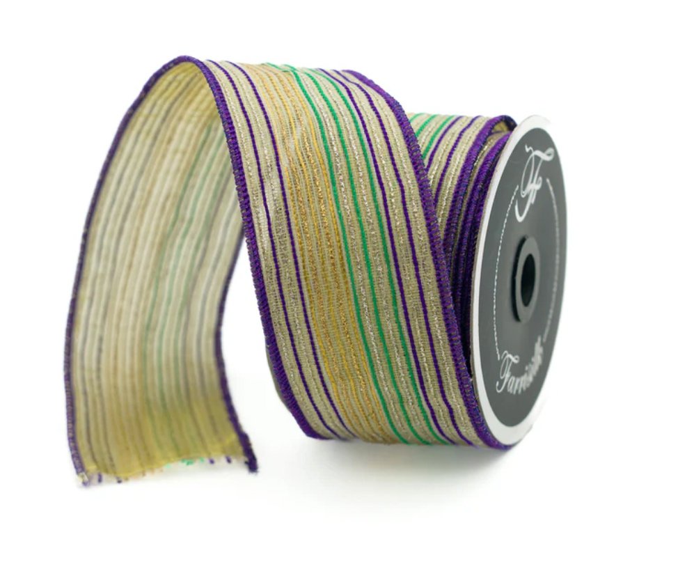 Farrisilk 2-inch Mardi Gras tinsel stripes ribbon – purple, green, and gold metallic wired ribbon (RK414-32).