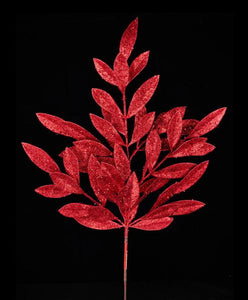 23" Glitter Bay Leaf Spray: Red XS618224