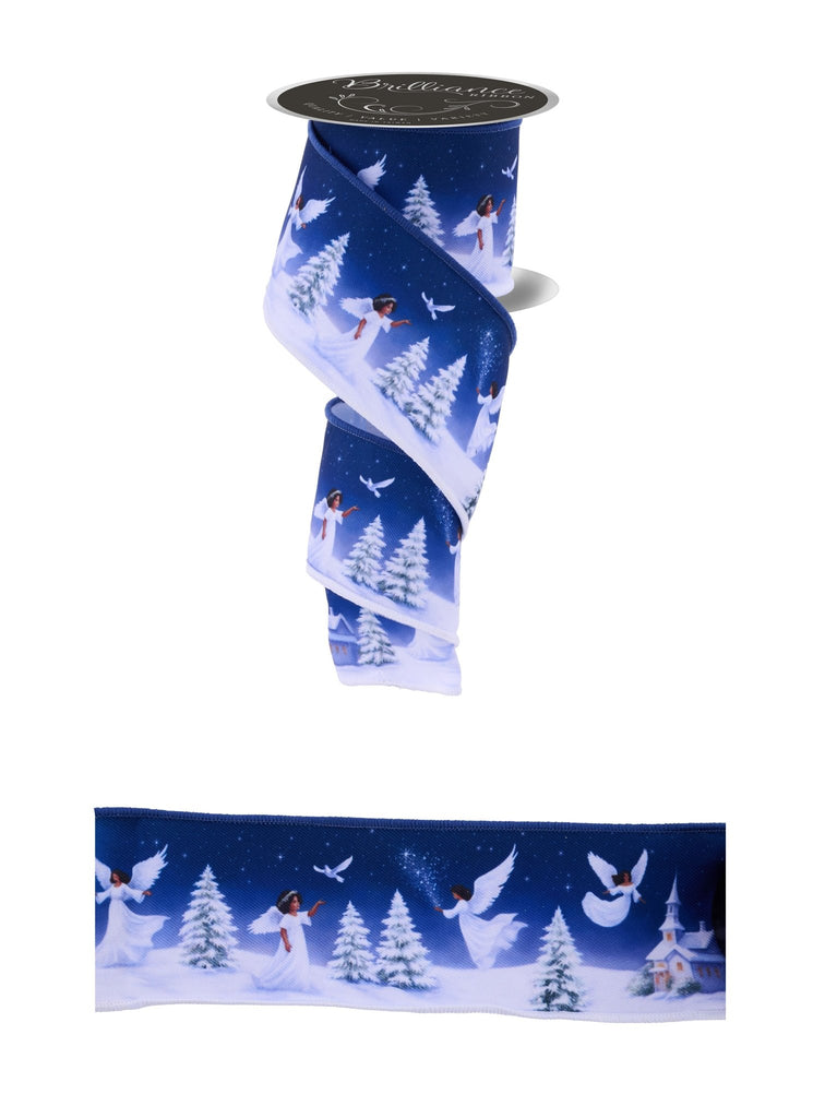 Brilliance 2.5" Angel Winter Scene Ribbon – Dark Skin Tone | LS108602 - White Bayou Wreaths & Supply