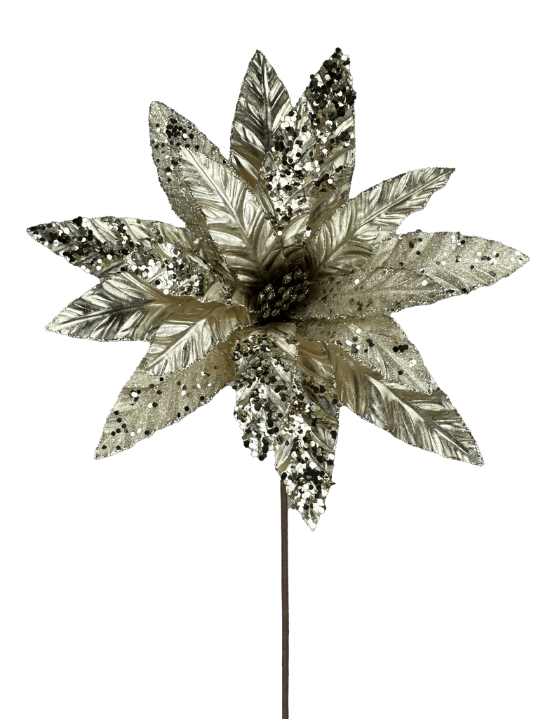 Champagne Metallic Poinsettia Stem – 24" Luxe Christmas Pick (86066CH) - White Bayou Wreaths & Supply