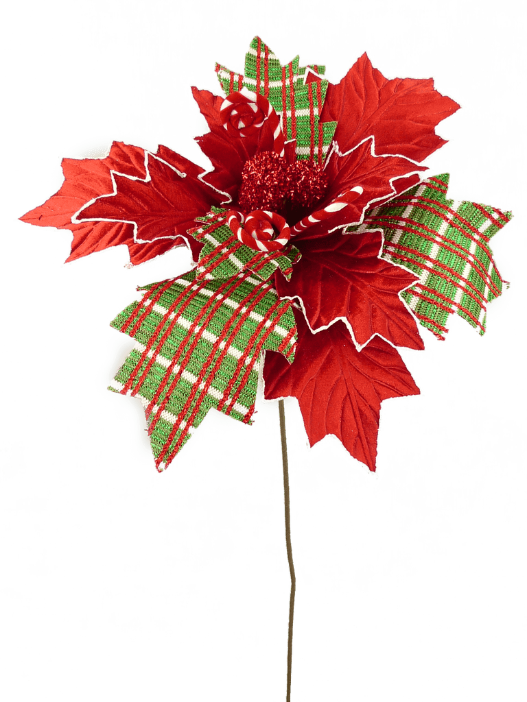 Fabric Poinsettia Spray 25" Red Plaid Christmas | 84609RWG - White Bayou Wreaths & Supply