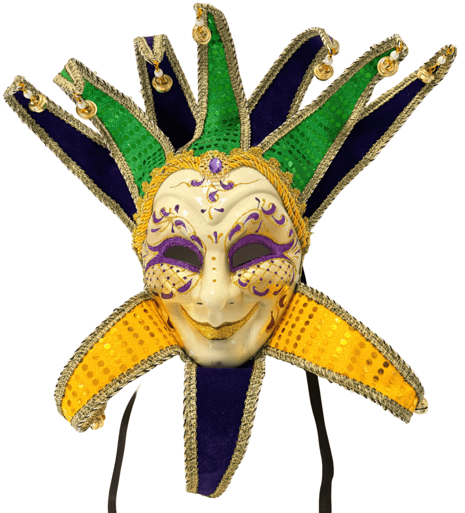 Full Face Mardi Gras Jester Mask w/ 7 Crowned Points – Purple, Green, Gold | 23 - 107 - White Bayou Wreaths & Supply