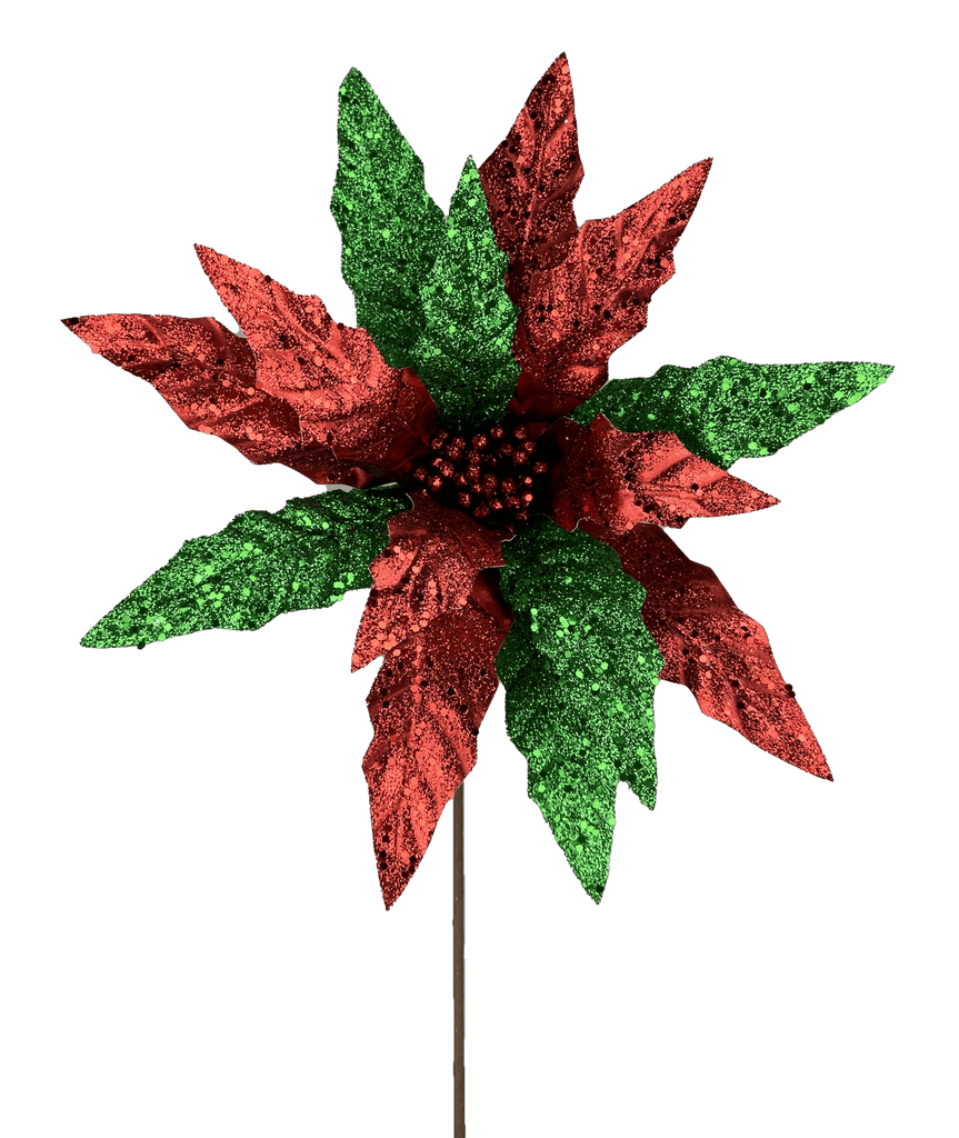Glitter Poinsettia Stem – 24" Red & Green Christmas Pick (86068RDGN) - White Bayou Wreaths & Supply