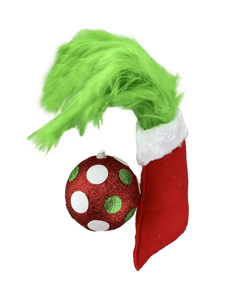 Green Monster Furry Hand Ornament Pick – Red & White Glitter Ball – H33" – 85515RWG - White Bayou Wreaths & Supply