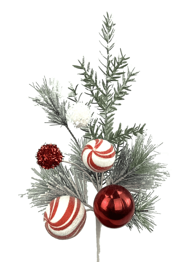 Peppermint Ball Pine Pick with Red Ornaments – H16" – 85280RDWT - White Bayou Wreaths & Supply