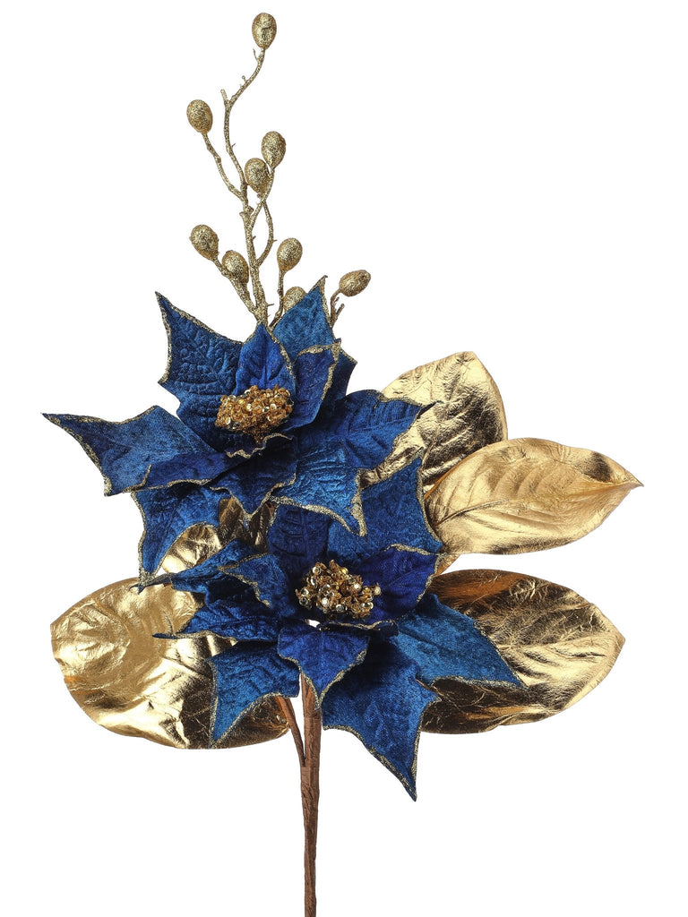 Regency 23" Midnight Blue Poinsettia, Berry & Gold Gilded Leaf Pick | MTX75556 - White Bayou Wreaths & Supply