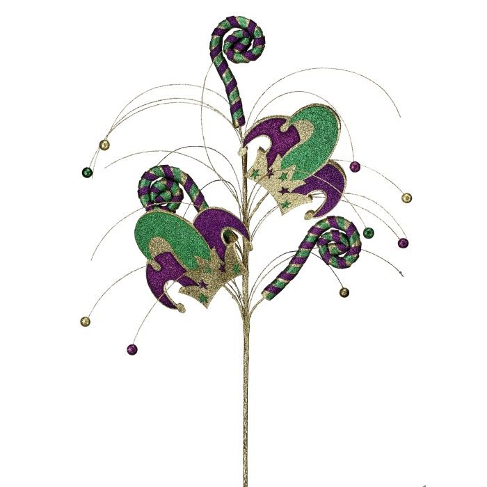 Regency 29" Mardi Gras Jester Hat Spray – Purple, Green & Gold | MTX75914 - White Bayou Wreaths & Supply