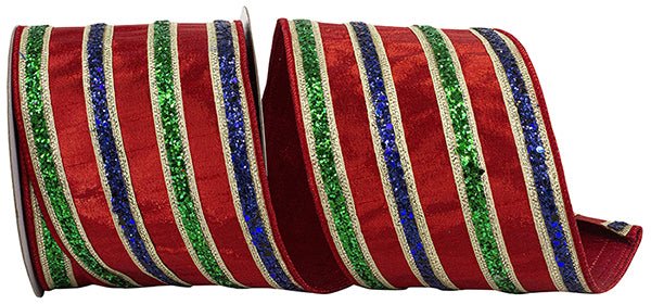 Reliant 4" Glitter Deluxe Stripe: Red, Green, Blue, Gold (5 Yards) 94288W - 001 - 10D - White Bayou Wreaths & Supply