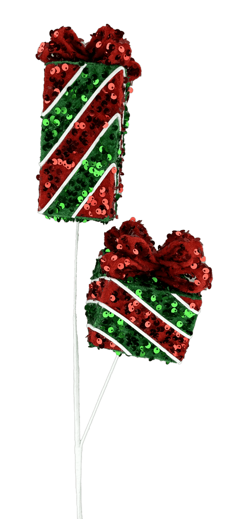 Sequin Gift Box Spray – Red & Green Christmas Picks, 28" (86036RWG) - White Bayou Wreaths & Supply
