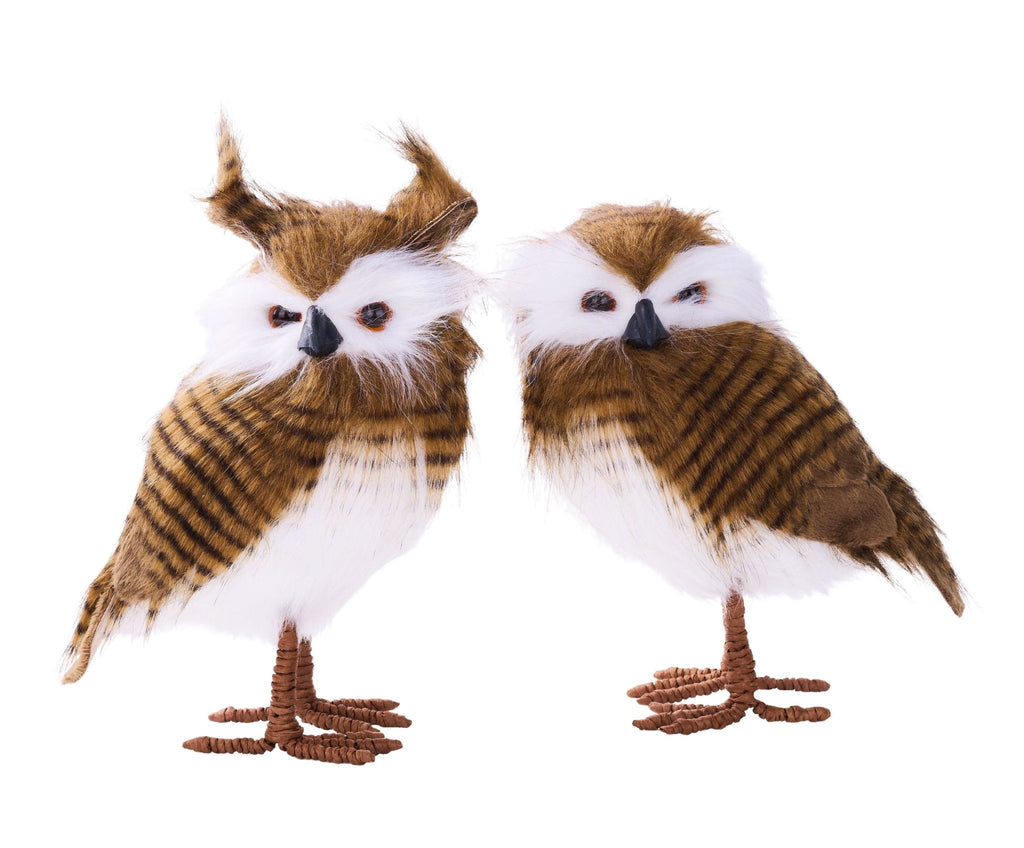 Set of 2 Faux Fur Standing Owls – 8" & 9.25" Brown/White Holiday Décor MB5392 - White Bayou Wreaths & Supply