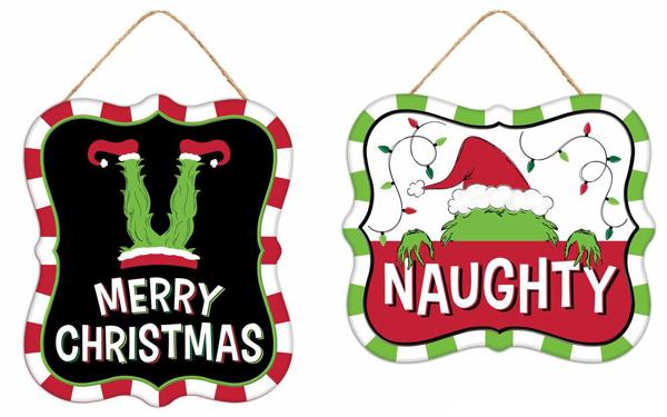 Two 7"H x 6"L Tin Christmas Green Monster Signs - MD1214 - White Bayou Wreaths & Supply Grinch 