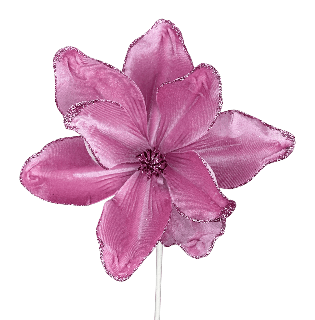 Velvet Magnolia Pick – Mauve with Glitter Trim – H14" x Dia 8" – 85318MV - White Bayou Wreaths & Supply