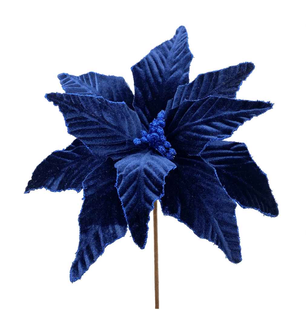 Velvet Poinsettia Pick Navy Blue 15" Christmas Flower Decoration – 85517NVBL - White Bayou Wreaths & Supply