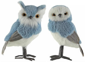 2 Assorted 8.25" - 9"H Faux Fur Standing Owl: Blue, White - TT8228